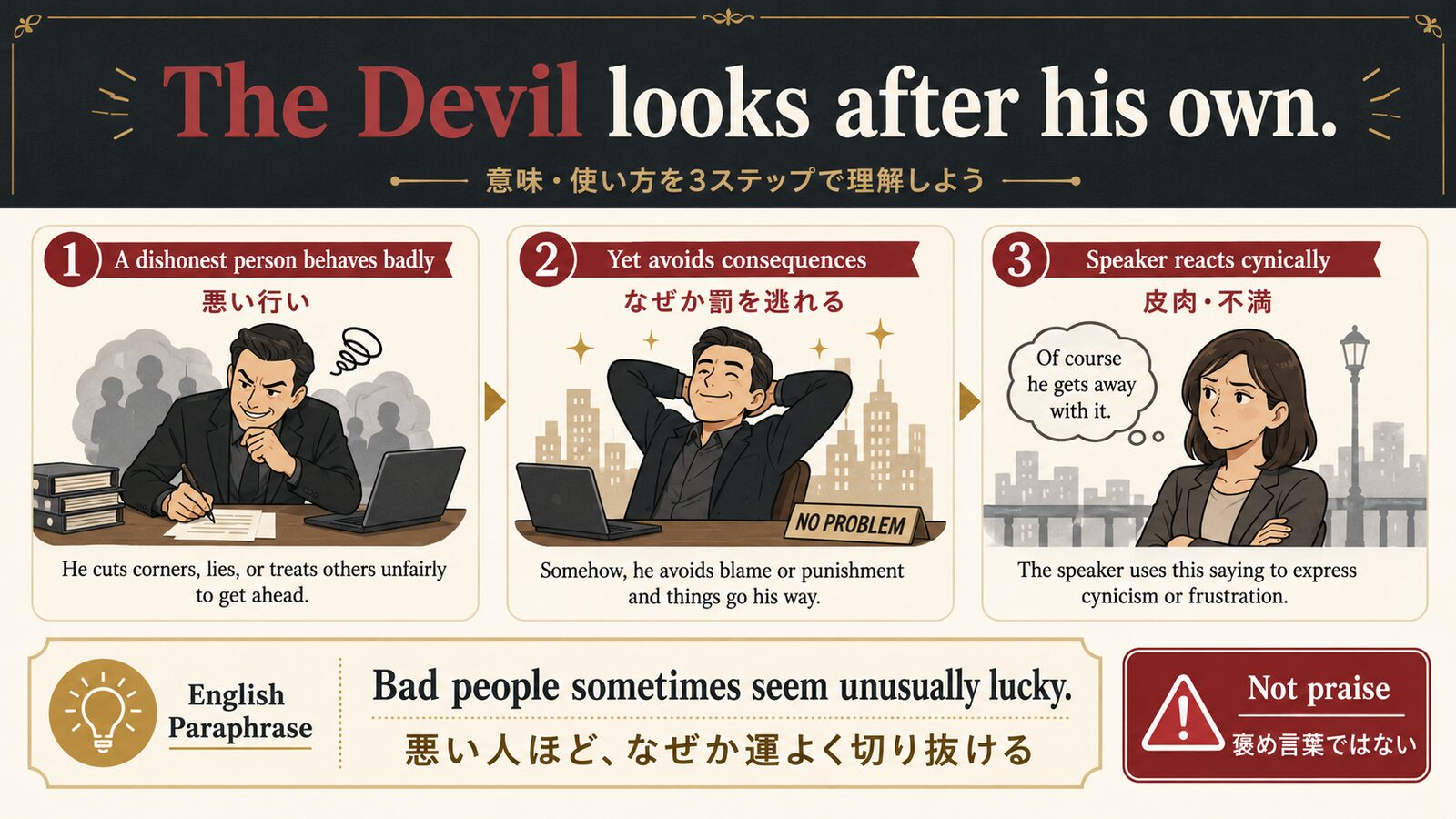 The Devil looks after his ownの意味とニュアンスの図解