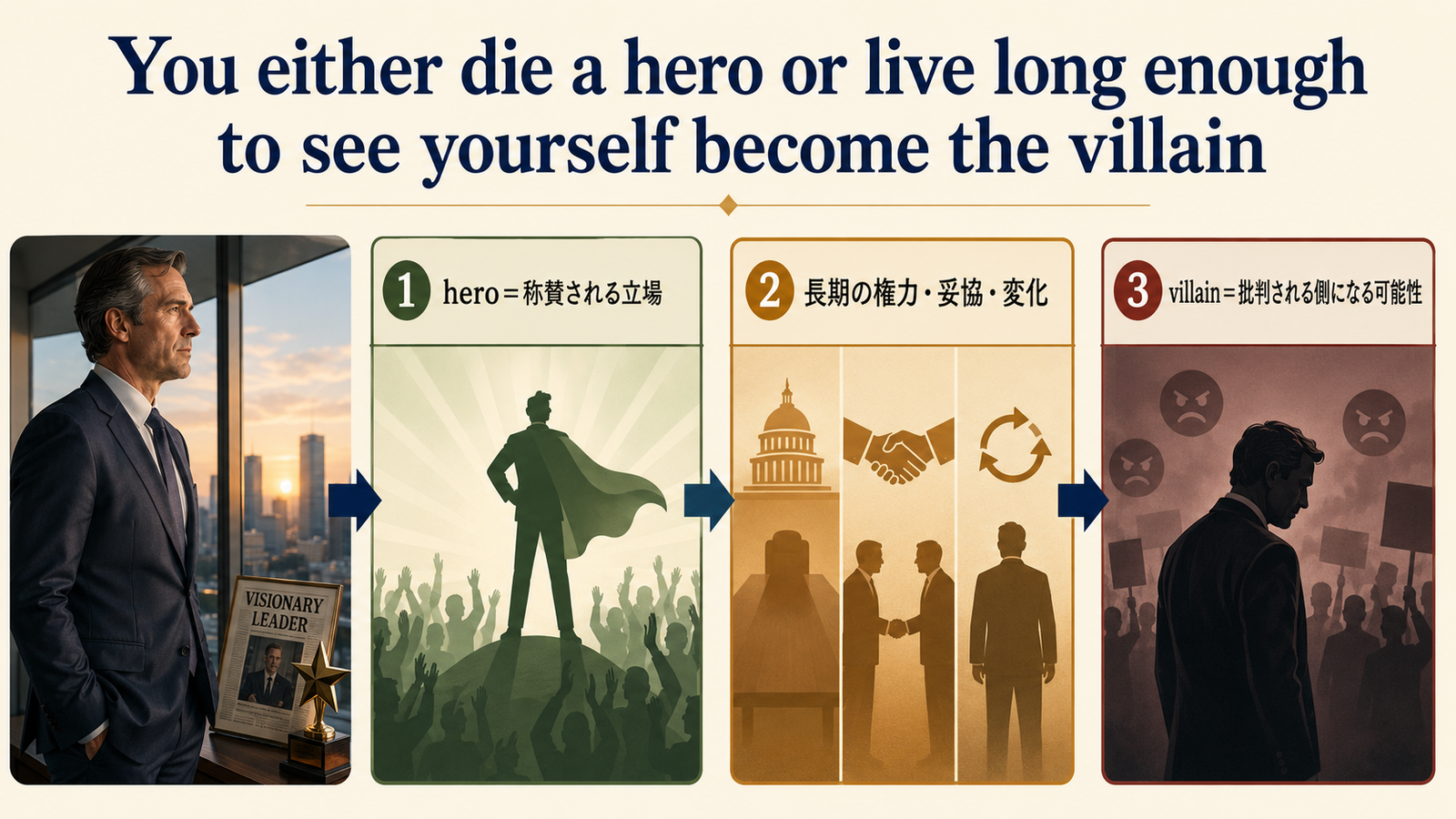 You either die a hero or live long enough to see yourself become the villainの直訳・実際の意味・注意点を比較する解説図