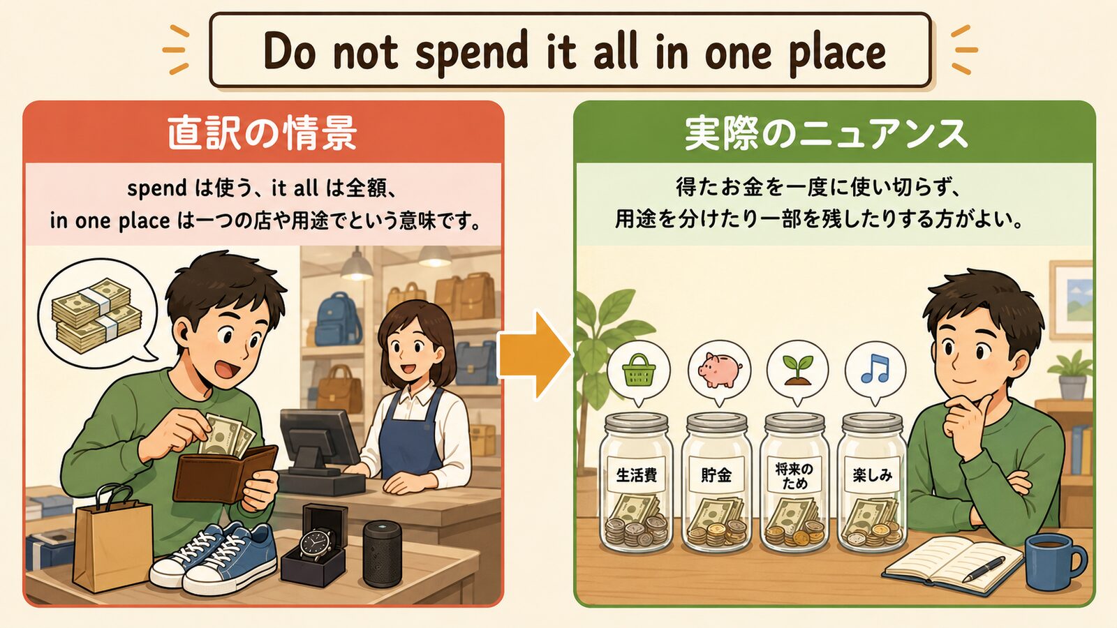 Do not spend it all in one placeの直訳と実際のニュアンスを説明する図