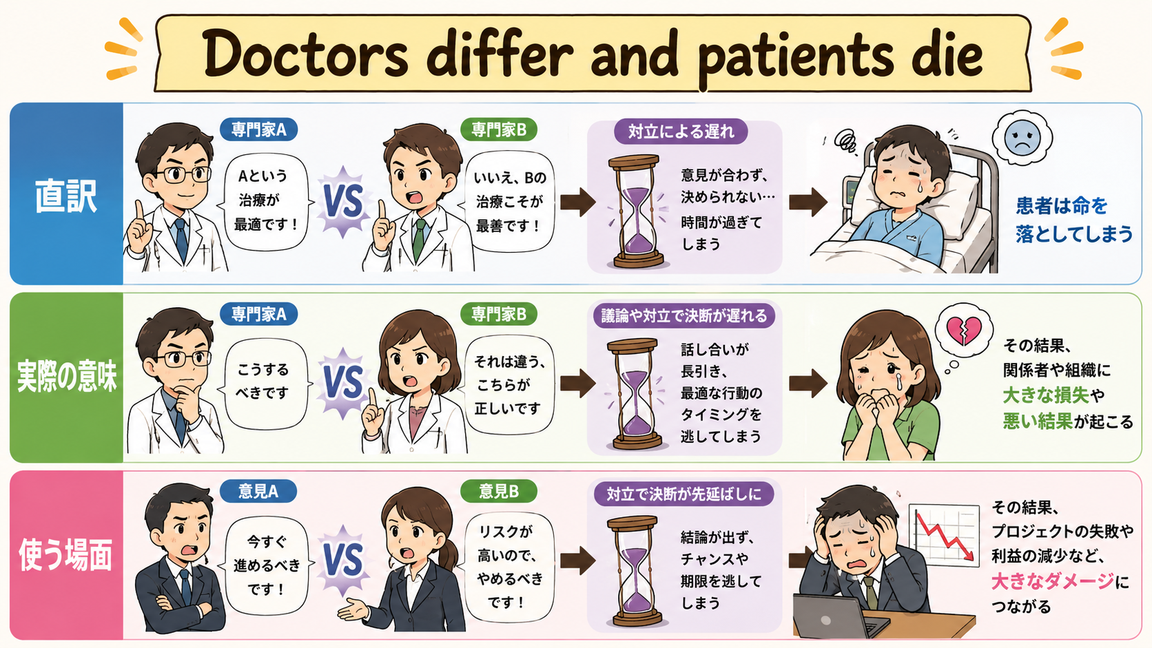 Doctors differ and patients dieの直訳・実際の意味・使う場面を比較する解説イラスト