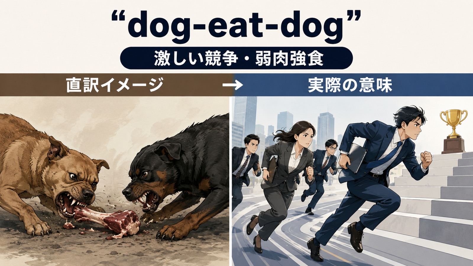 dog-eat-dogの直訳イメージと実際の意味を比較した解説イラスト