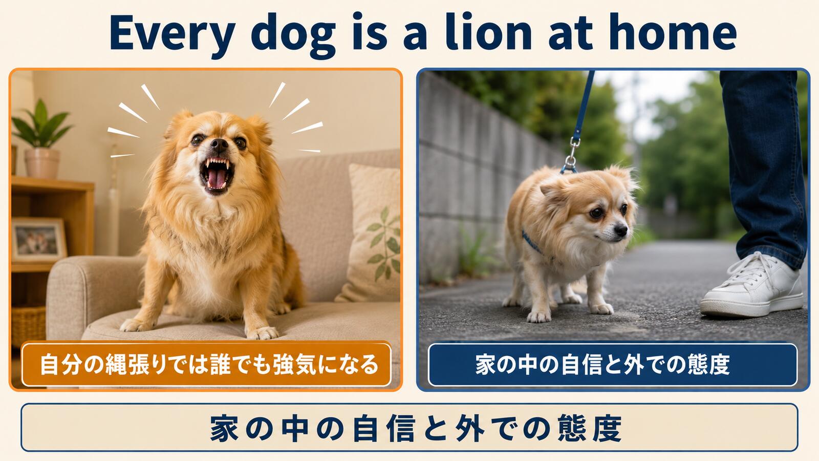 Every dog is a lion at homeの直訳と実際のニュアンスを説明するイラスト