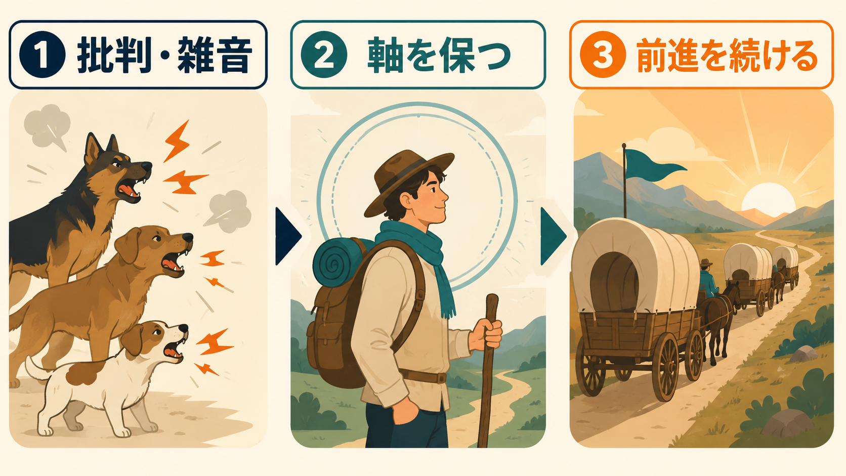 批判や雑音があっても軸を保ち前進するイラスト