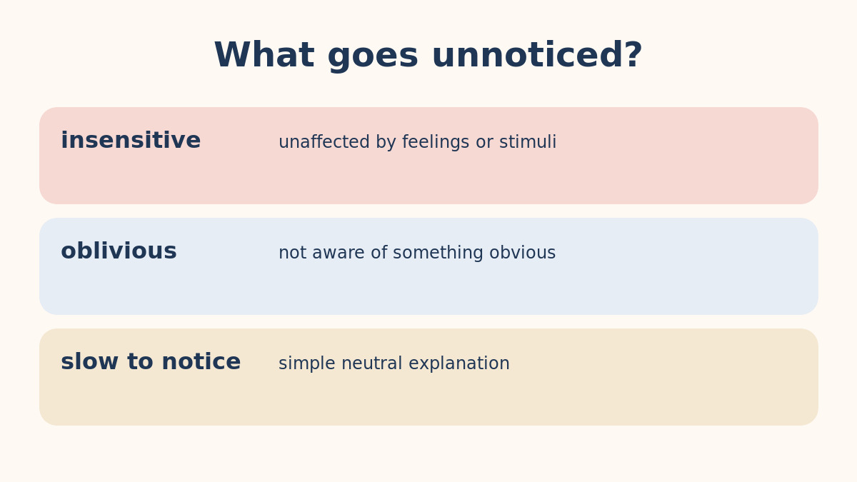 insensitive・oblivious・slow to noticeの違いを示す比較図