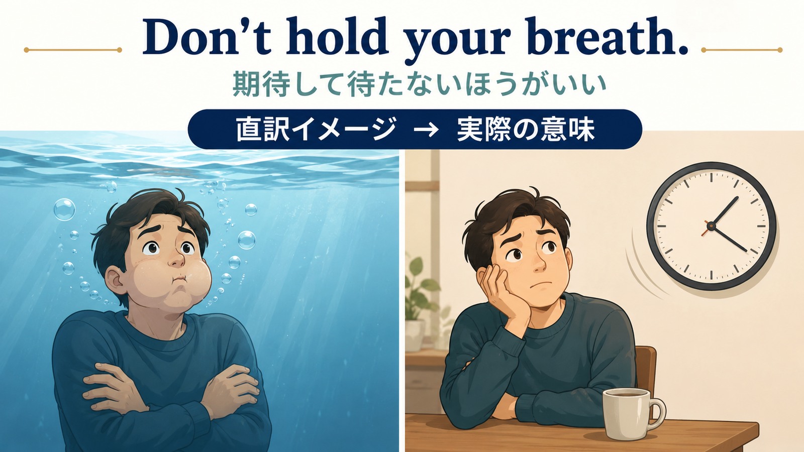 Don't hold your breath.の直訳イメージと実際の意味を比較した解説イラスト