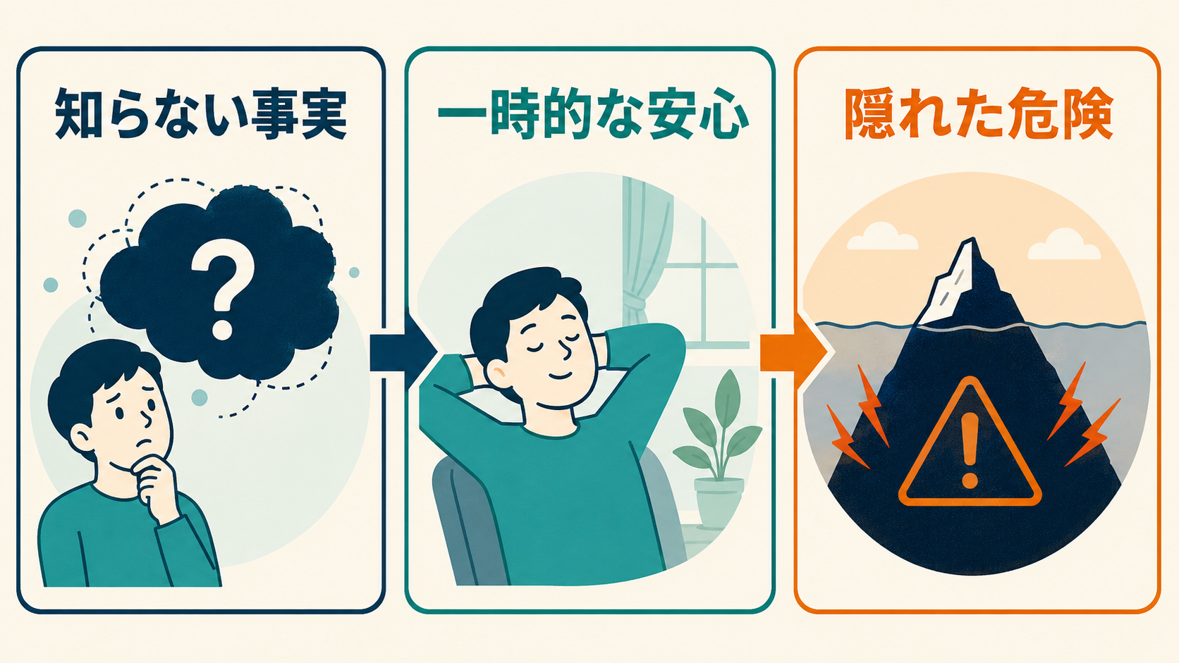 知らない事実による一時的安心と隠れた危険の図解