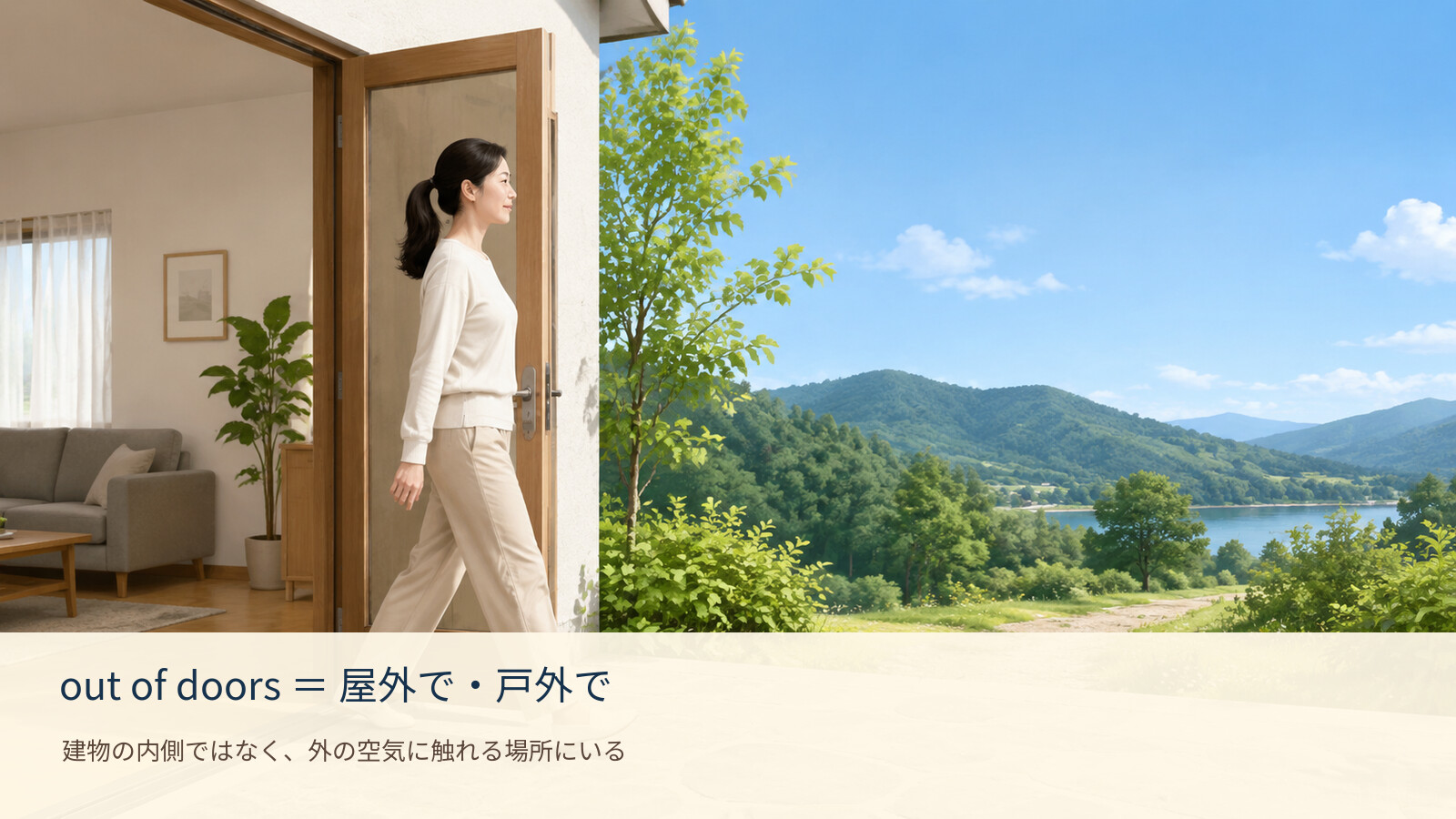 out of doors の意味を示す解説イラスト