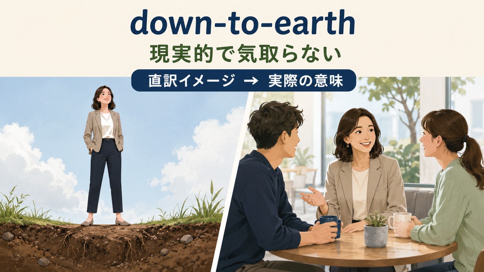 down-to-earthの直訳イメージと実際の意味を比較したイラスト