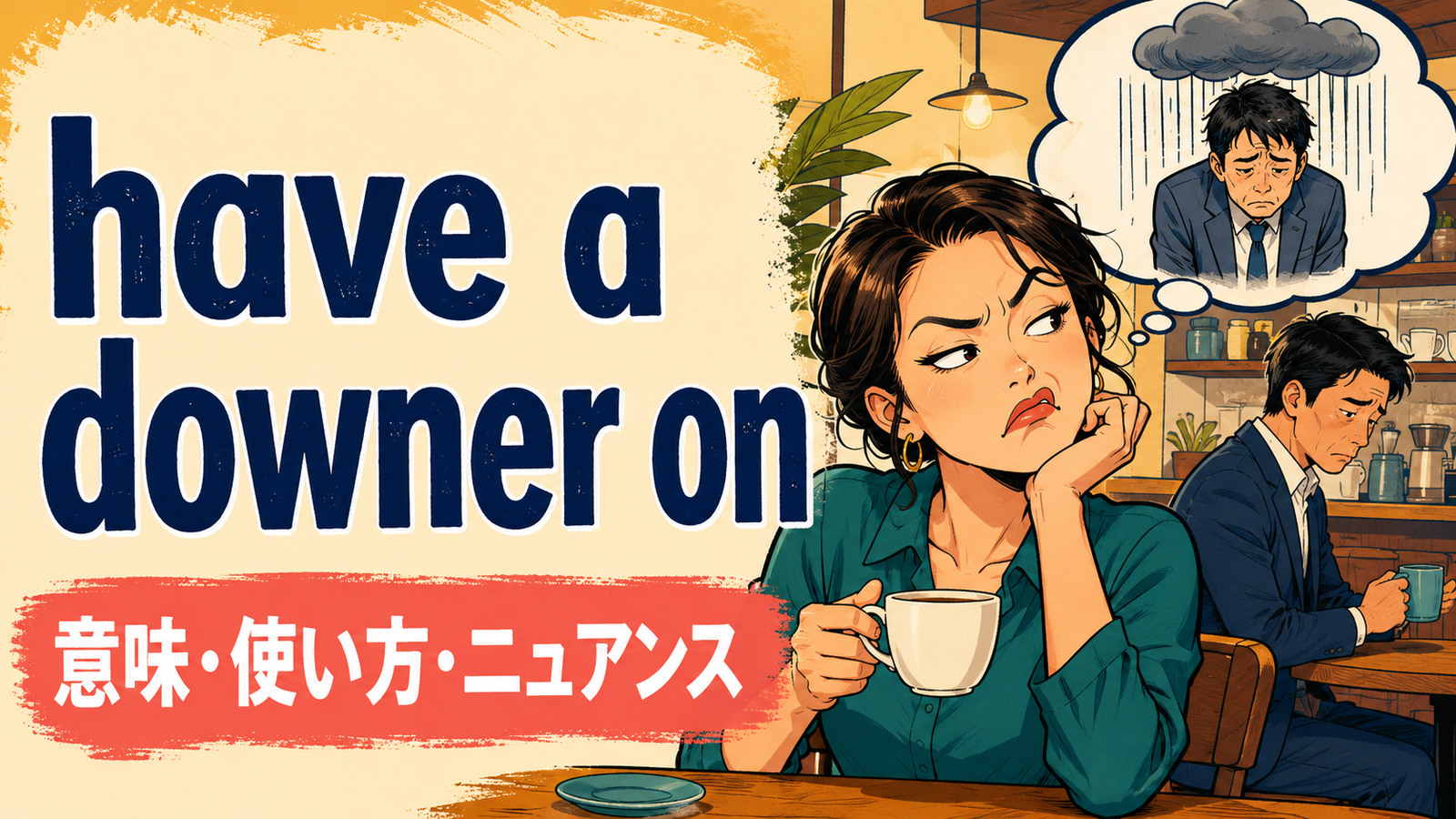 have a downer onの意味・使い方・ニュアンスを解説するアイキャッチ画像