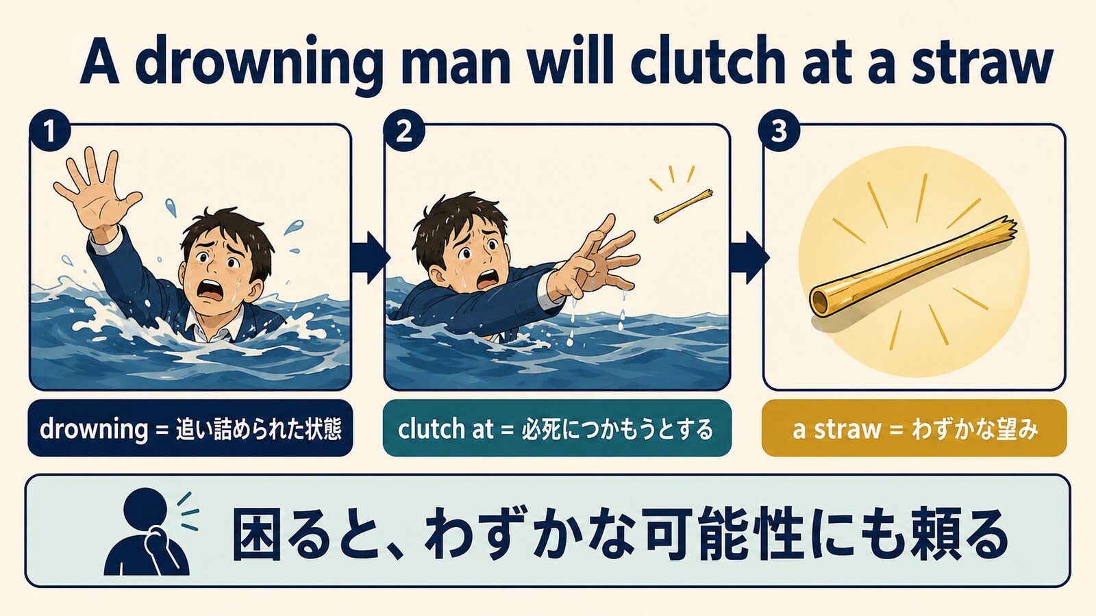 A drowning man will clutch at a strawの直訳と実際のニュアンスを説明する図解