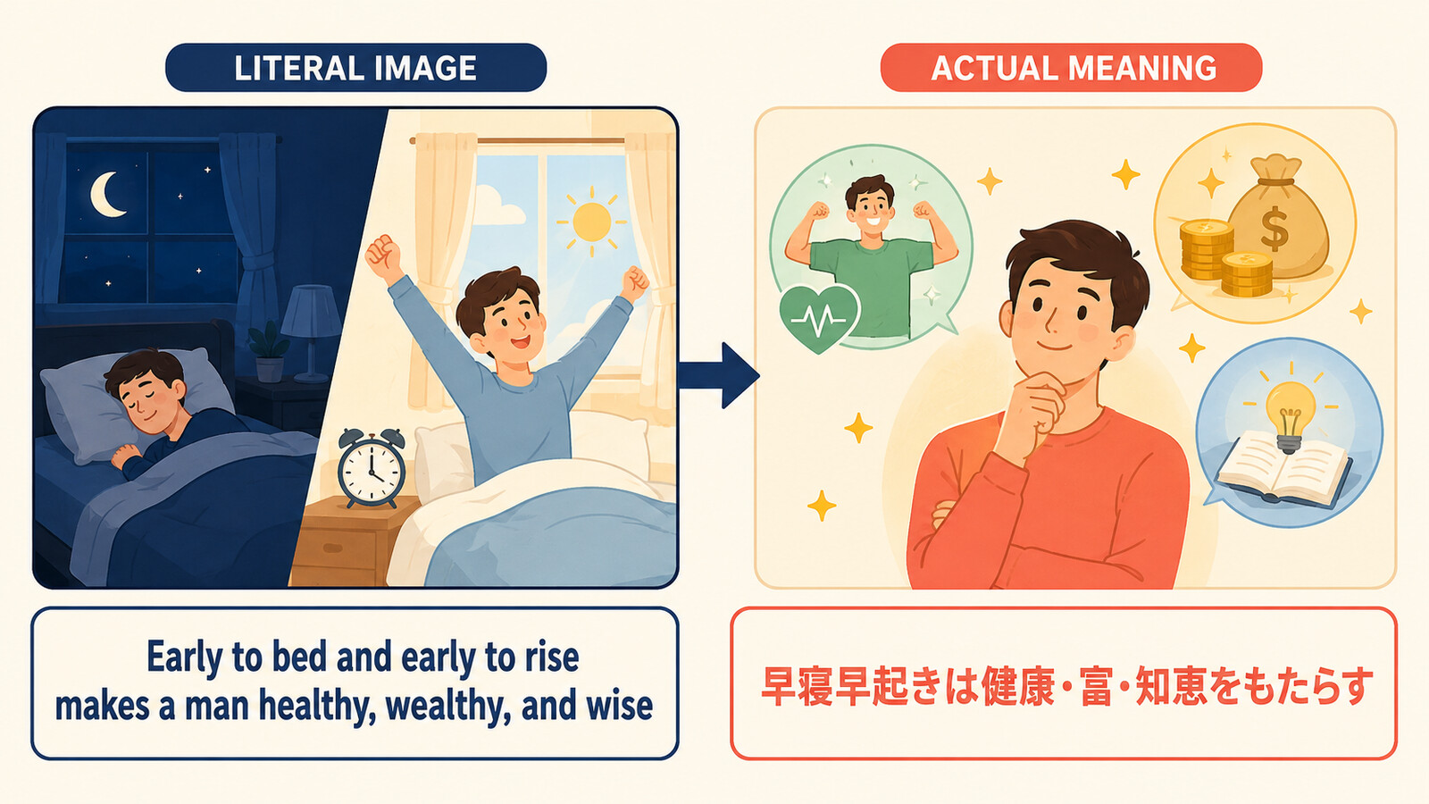 Early to bed and early to rise makes a man healthy, wealthy, and wiseの直訳イメージと実際の意味を比較した解説