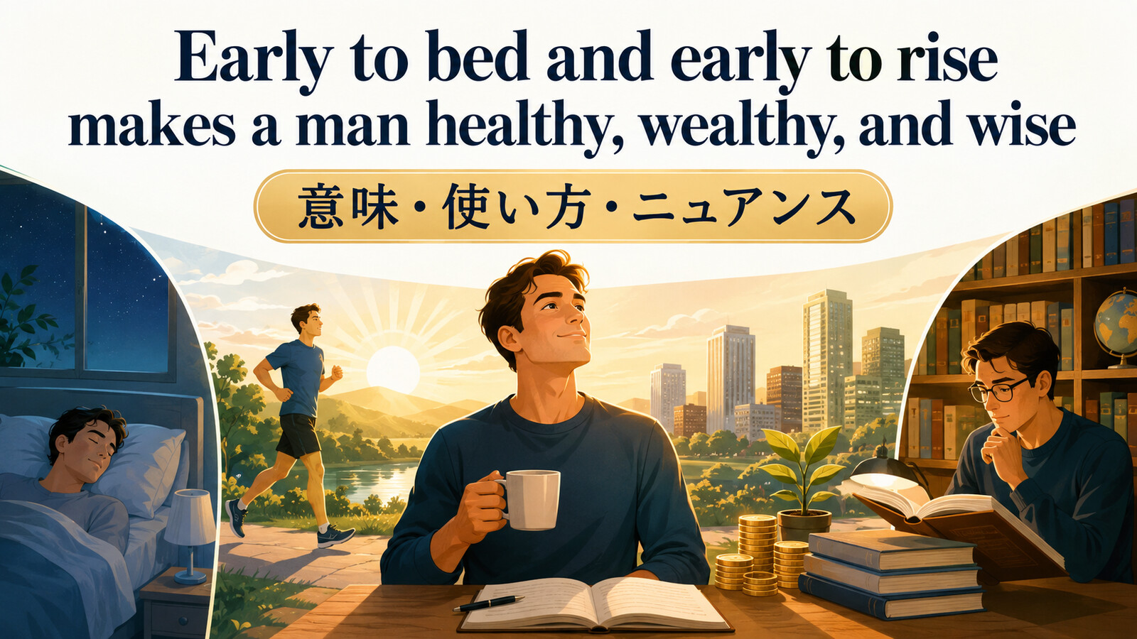 Early to bed and early to rise makes a man healthy, wealthy, and wiseの意味・使い方｜ニュアンスと例文、似た表現との違い