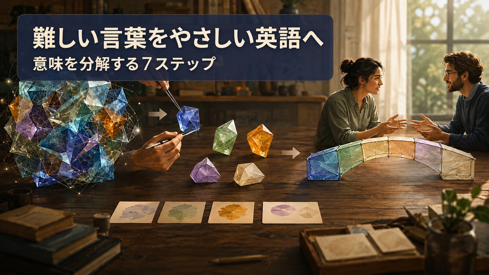 複雑な意味を小さな要素に分解して簡単な英語の橋へ組み直すイラスト
