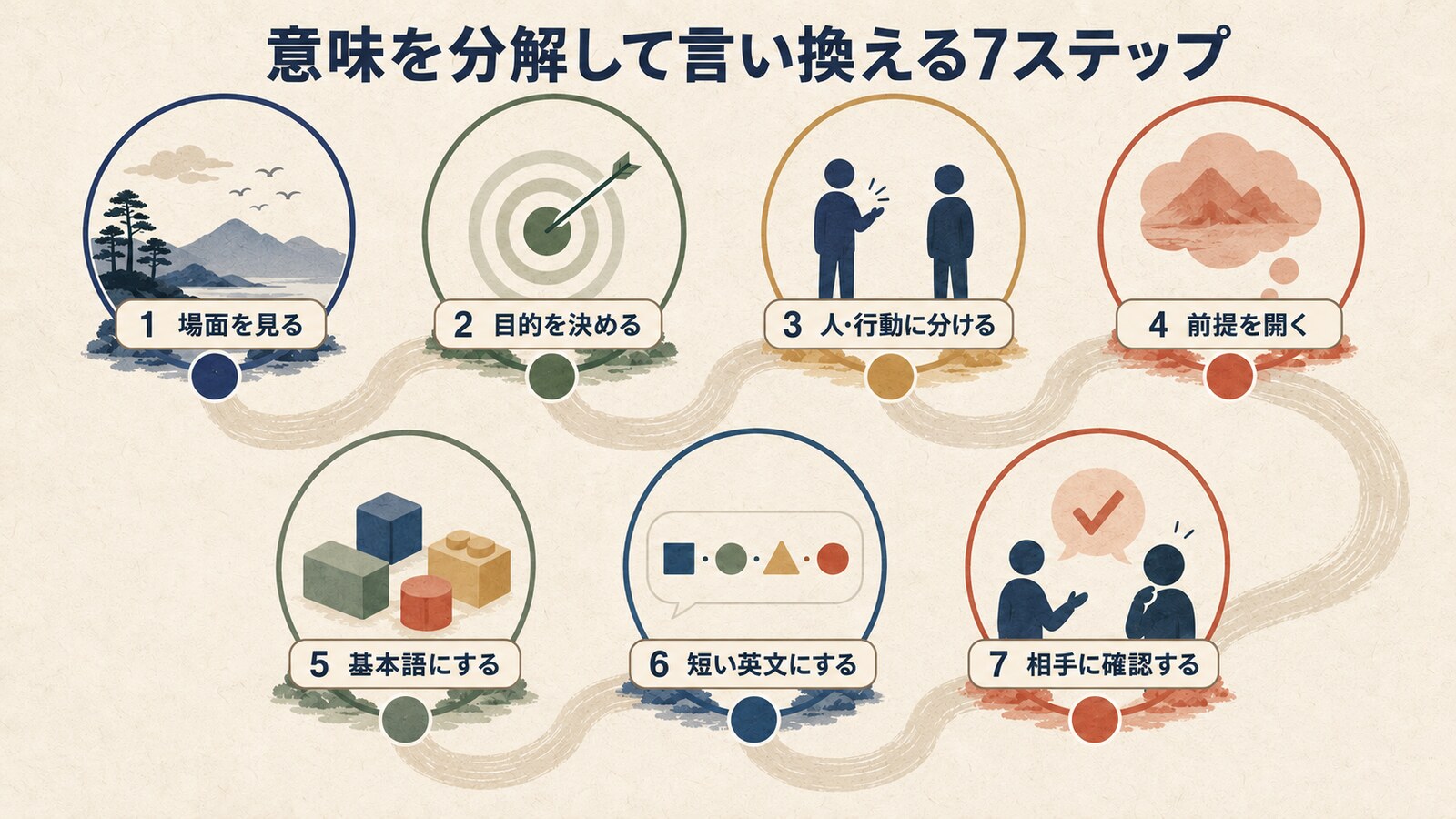 場面確認から相手への確認まで意味をやさしい英語へ変える7段階の図