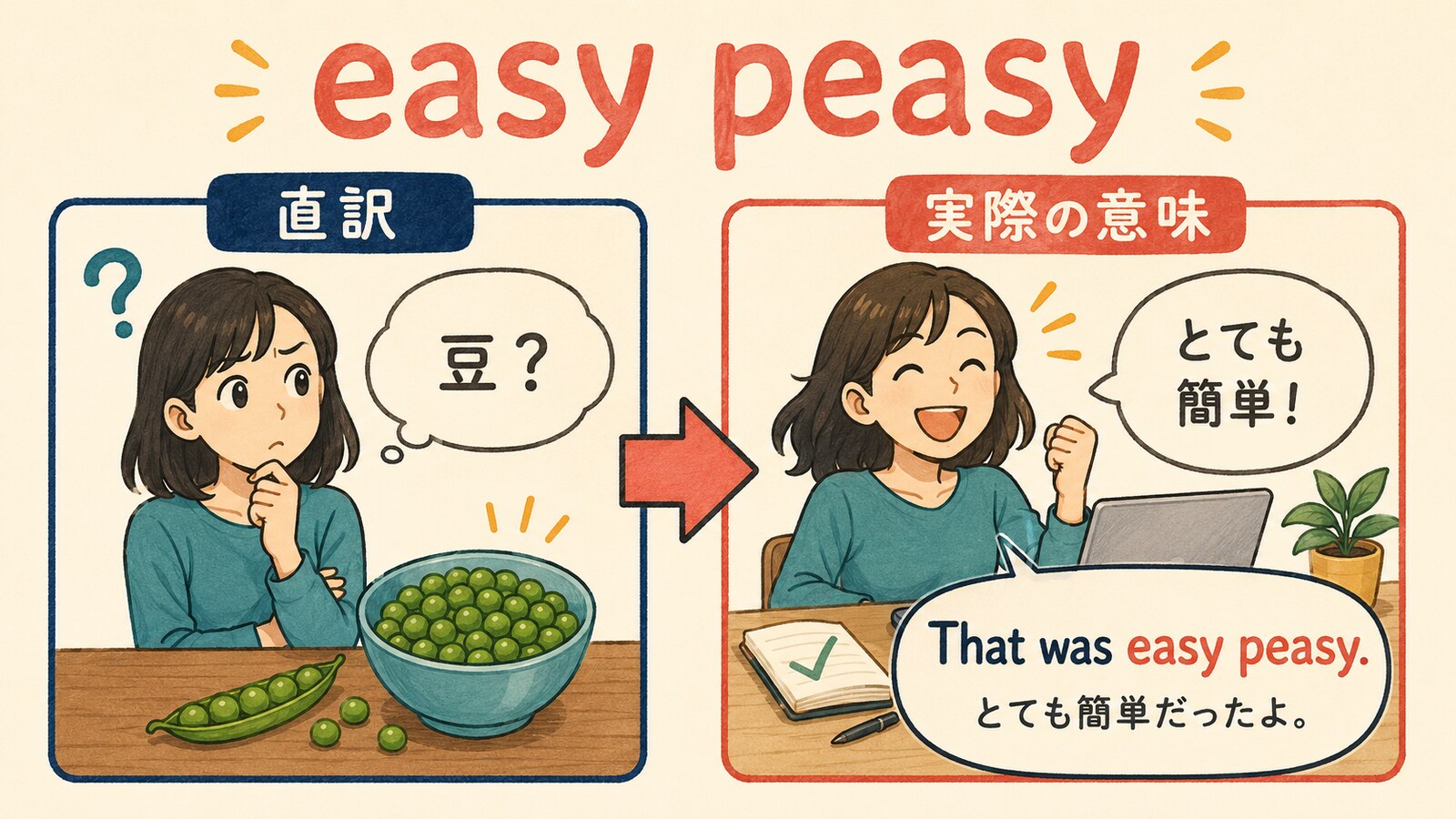 easy peasyの直訳と実際の意味を比較する解説イラスト