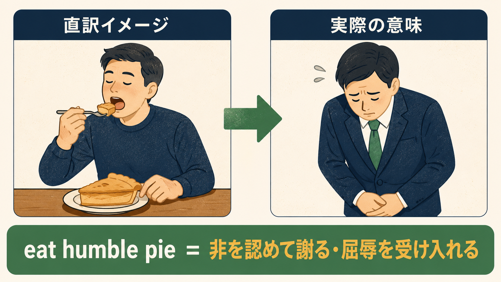 eat humble pieの直訳イメージと実際の意味を比較したイラスト