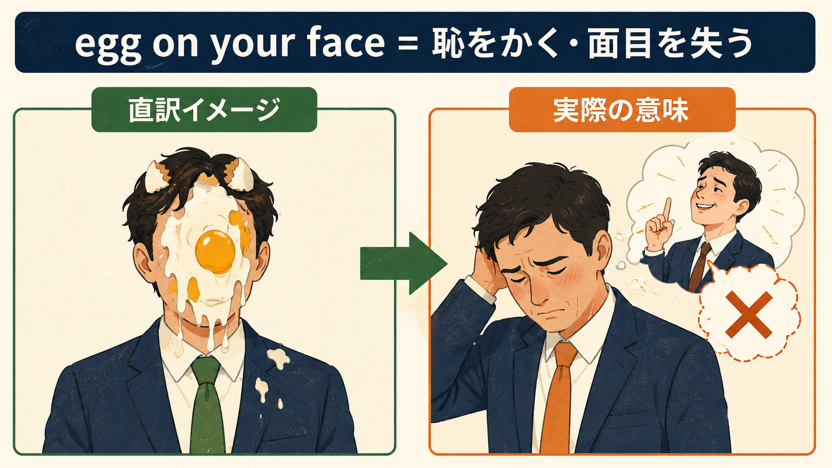 egg on your faceの直訳イメージと実際の意味を比較したイラスト