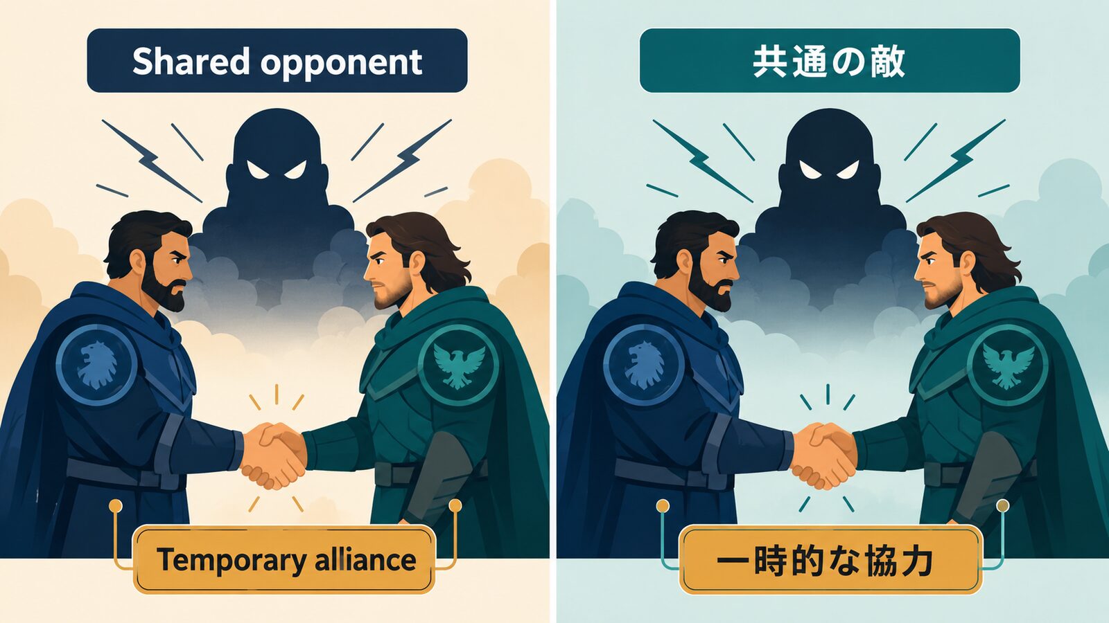 The enemy of my enemy is my friend.の直訳と実際のニュアンスを比較した解説イラスト