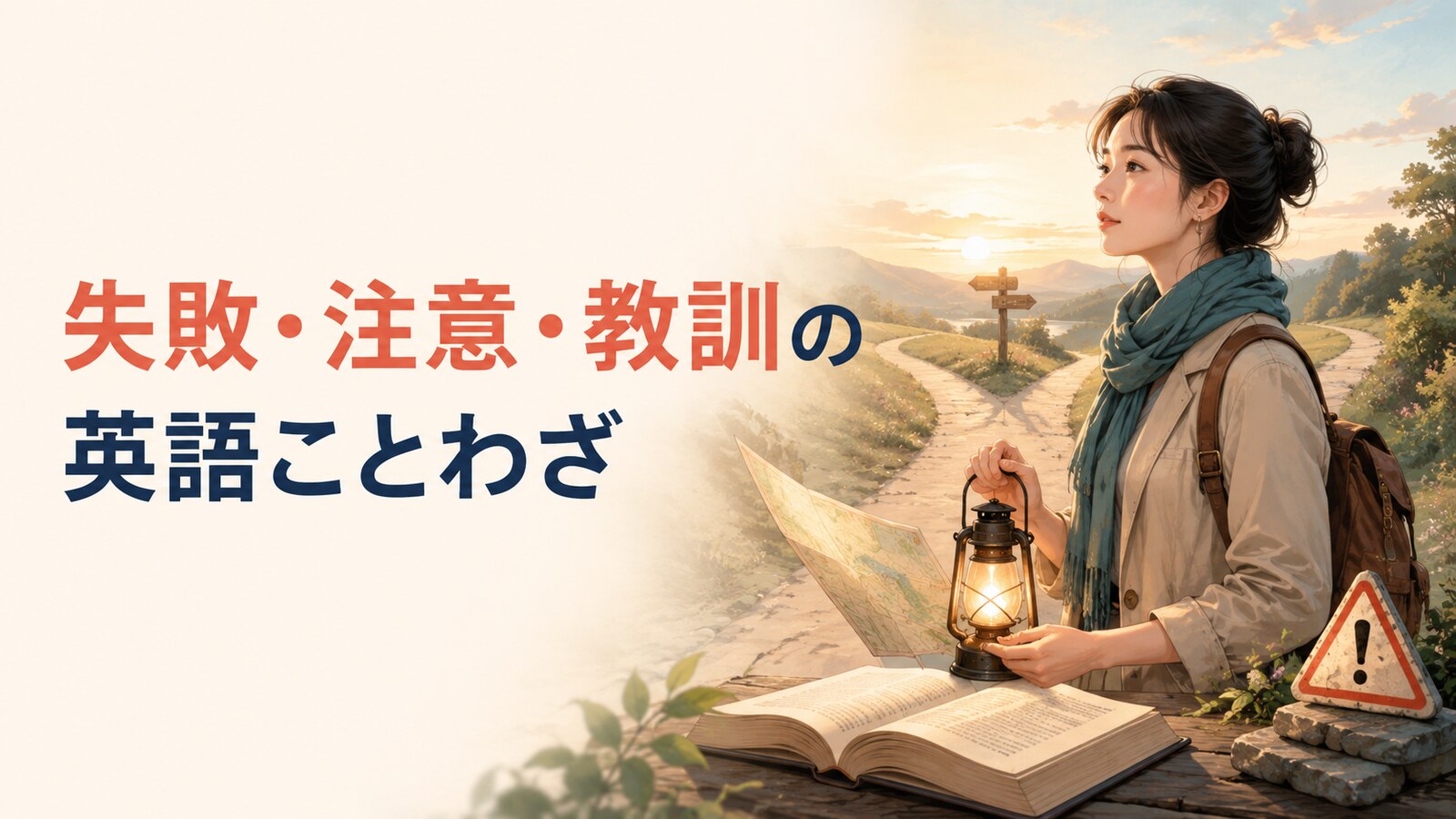 失敗・注意・教訓の英語ことわざと分かれ道で考える女性