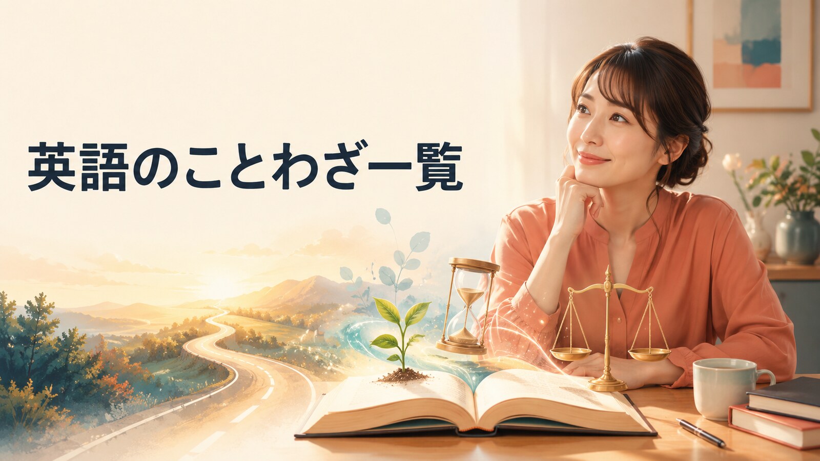 英語のことわざ一覧を学ぶ女性と人生の知恵を表す本・道・芽・砂時計