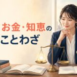 仕事・お金・知恵の英語ことわざと天秤を考える女性