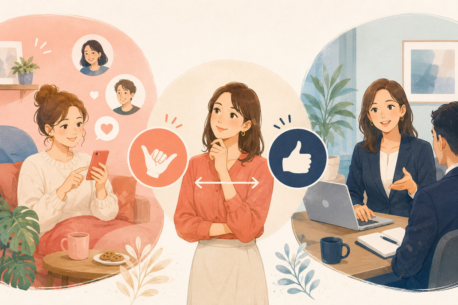 SNSのカジュアルな英語と仕事で使う標準的な英語を場面に応じて選ぶ女性のイラスト