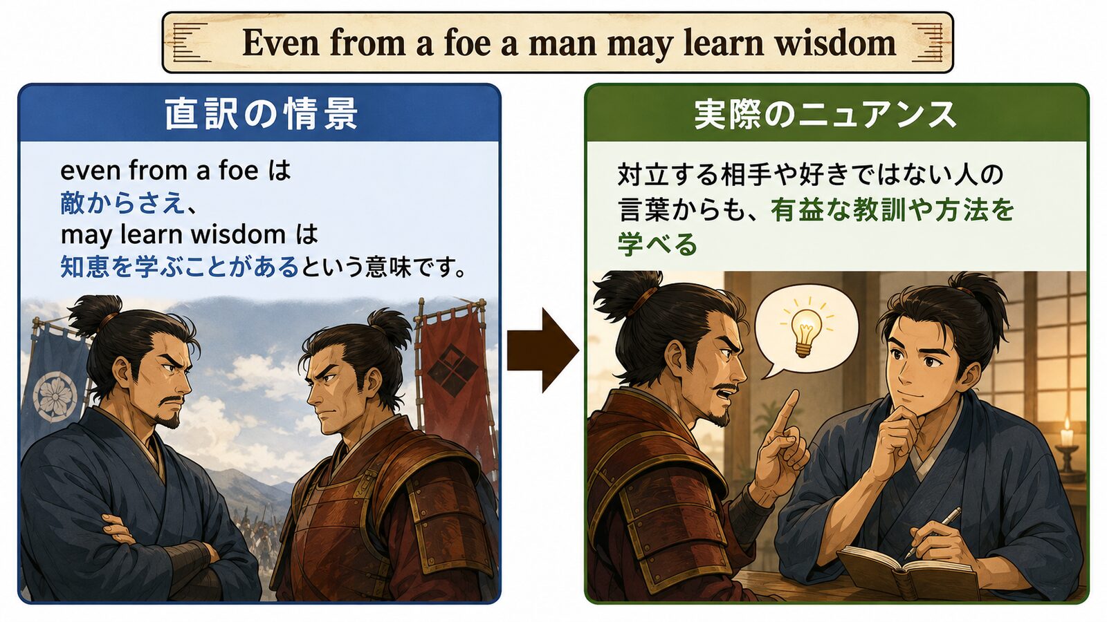 Even from a foe a man may learn wisdomの直訳と実際のニュアンスを説明する図