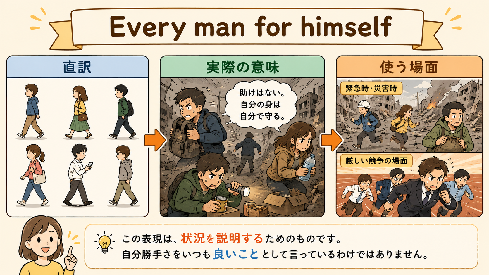 Every man for himselfの直訳・実際の意味・使う場面を比較する解説イラスト