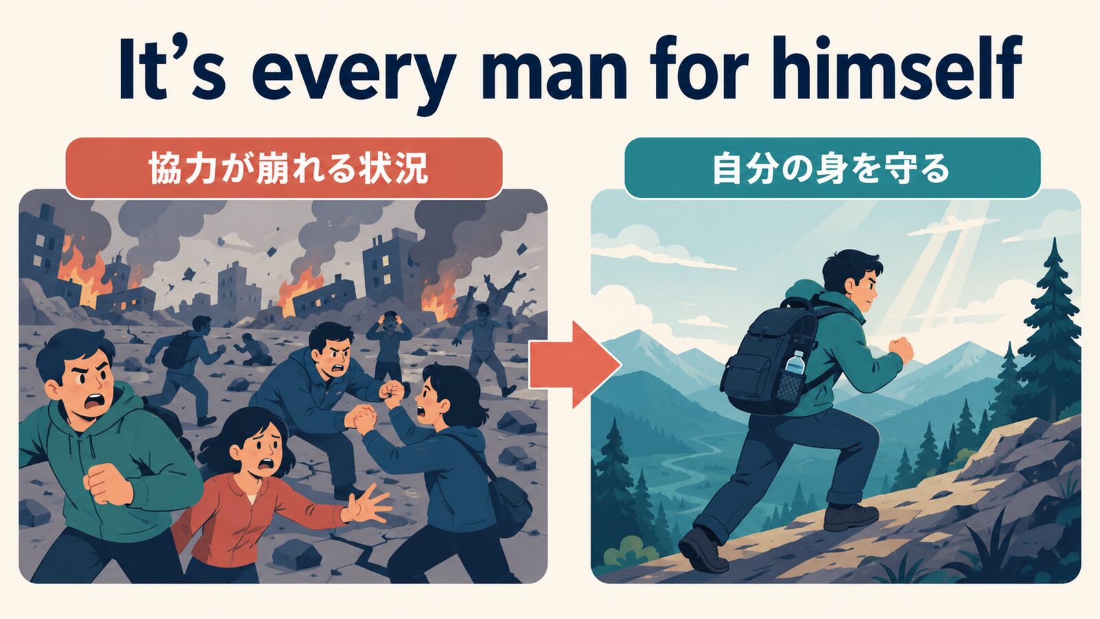 It’s every man for himself のニュアンスと使い分けを示す解説イラスト