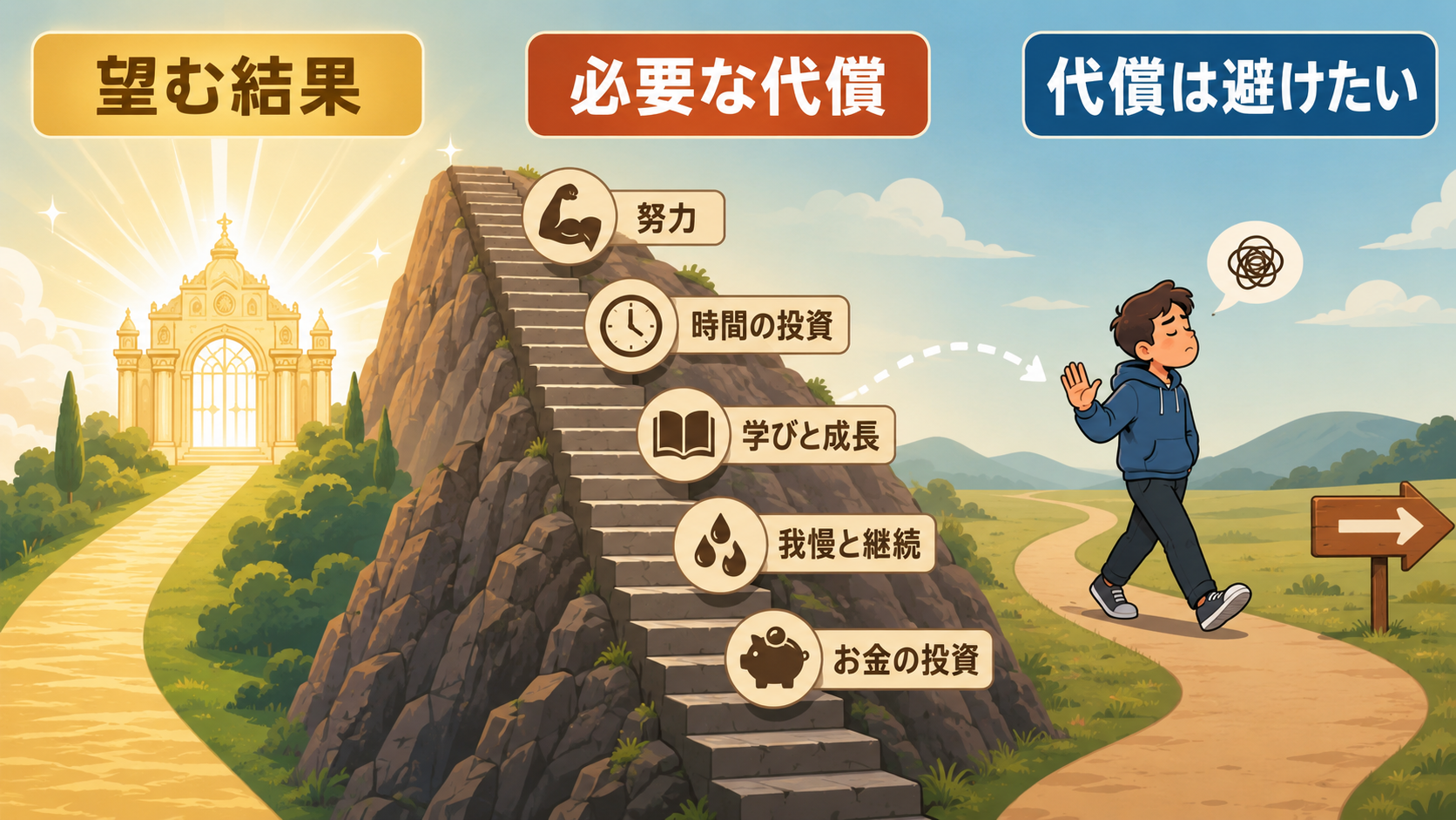 Everybody wants to go to heaven but nobody wants to dieのニュアンスを示す解説図