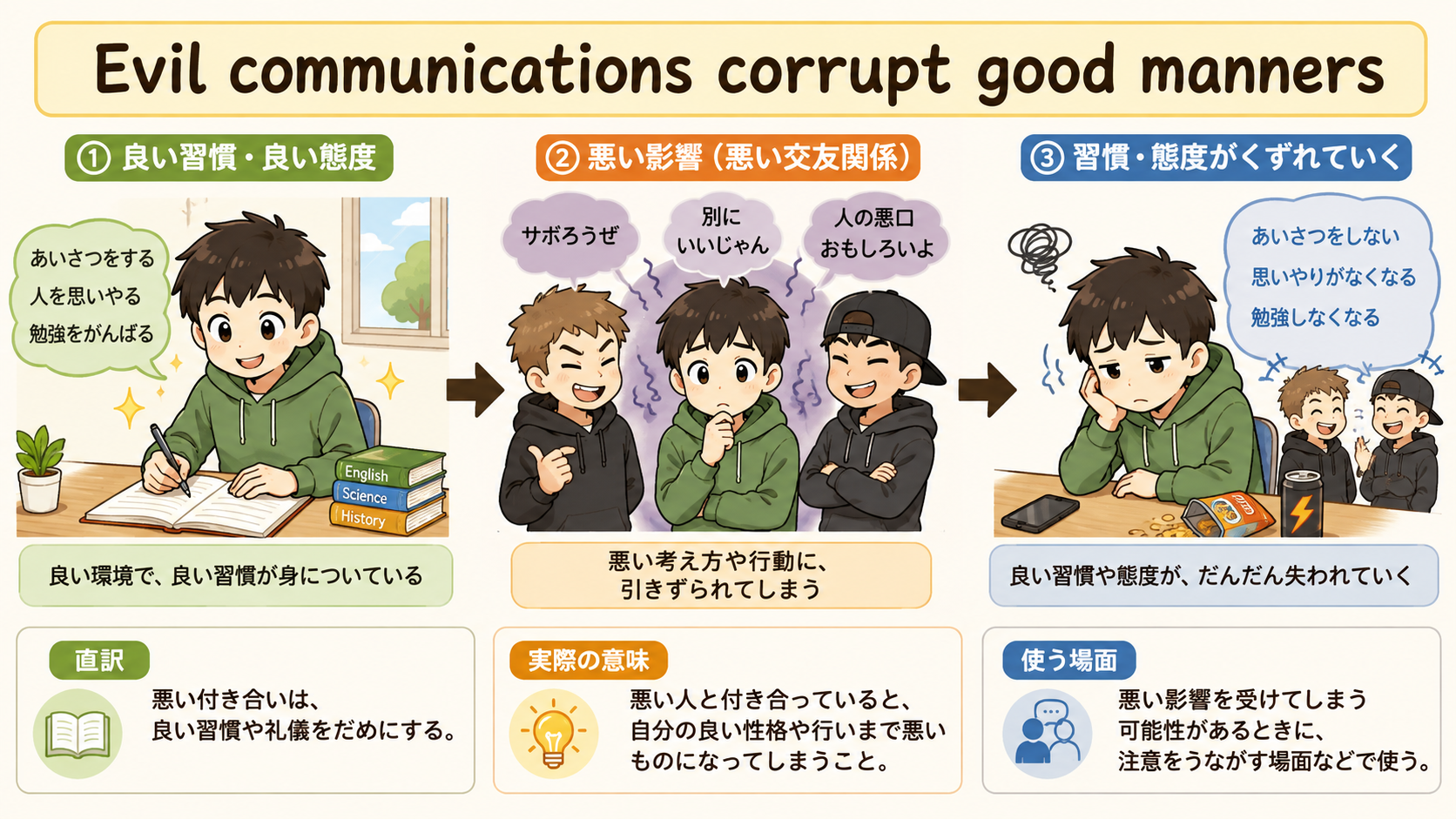 Evil communications corrupt good mannersの直訳・実際の意味・使う場面を比較する解説イラスト