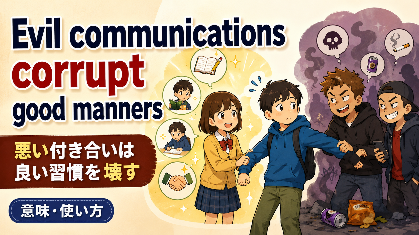 Evil communications corrupt good mannersの意味・使い方を解説するアイキャッチ画像