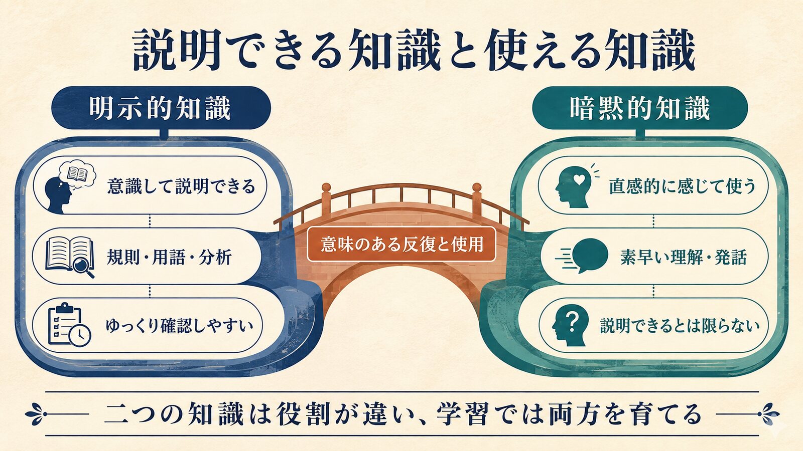 明示的知識と暗黙的知識の違いと関係を示す図