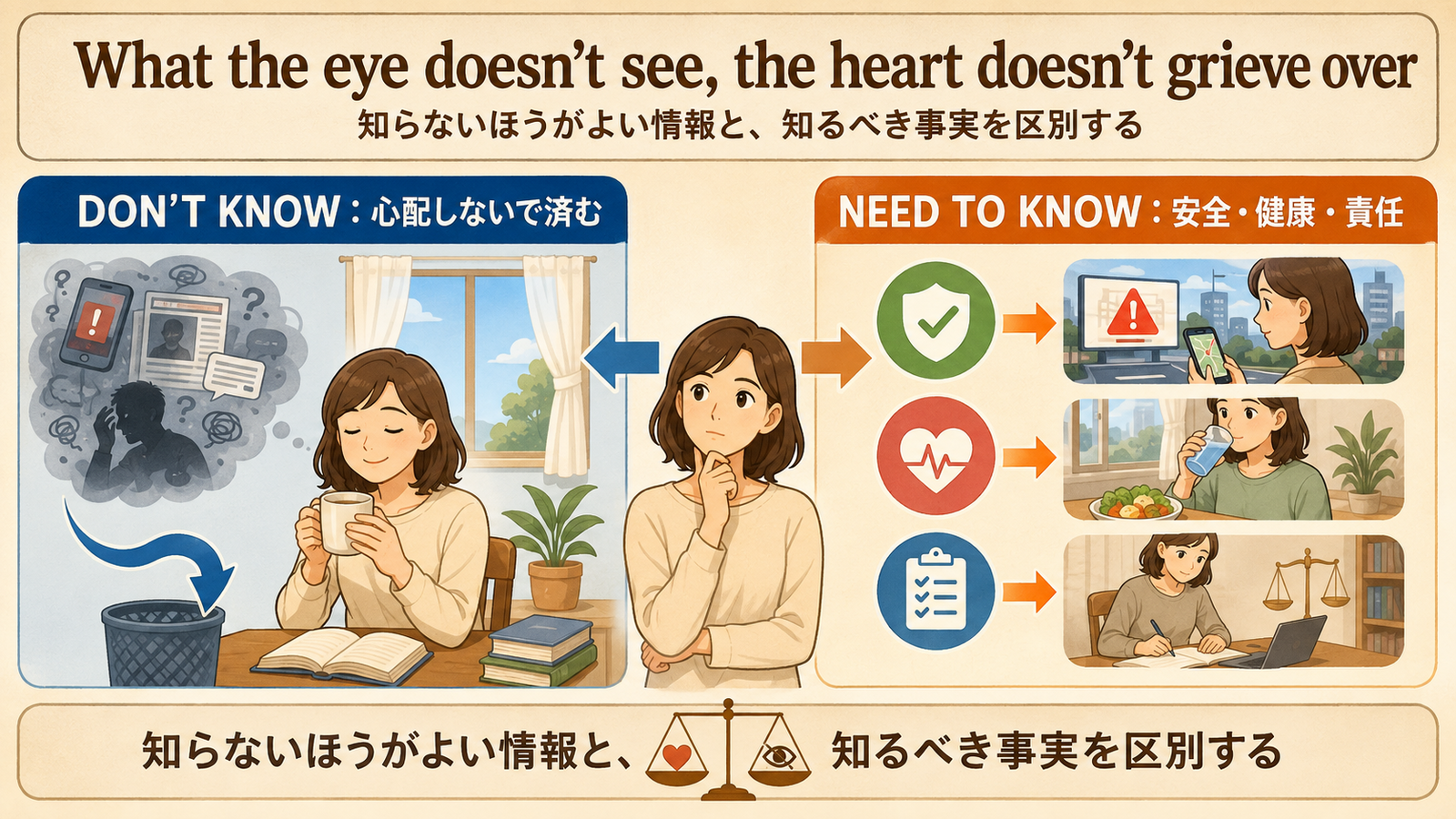 What the eye doesn’t see, the heart doesn’t grieve overの直訳・実際の意味・注意点を示す解説図