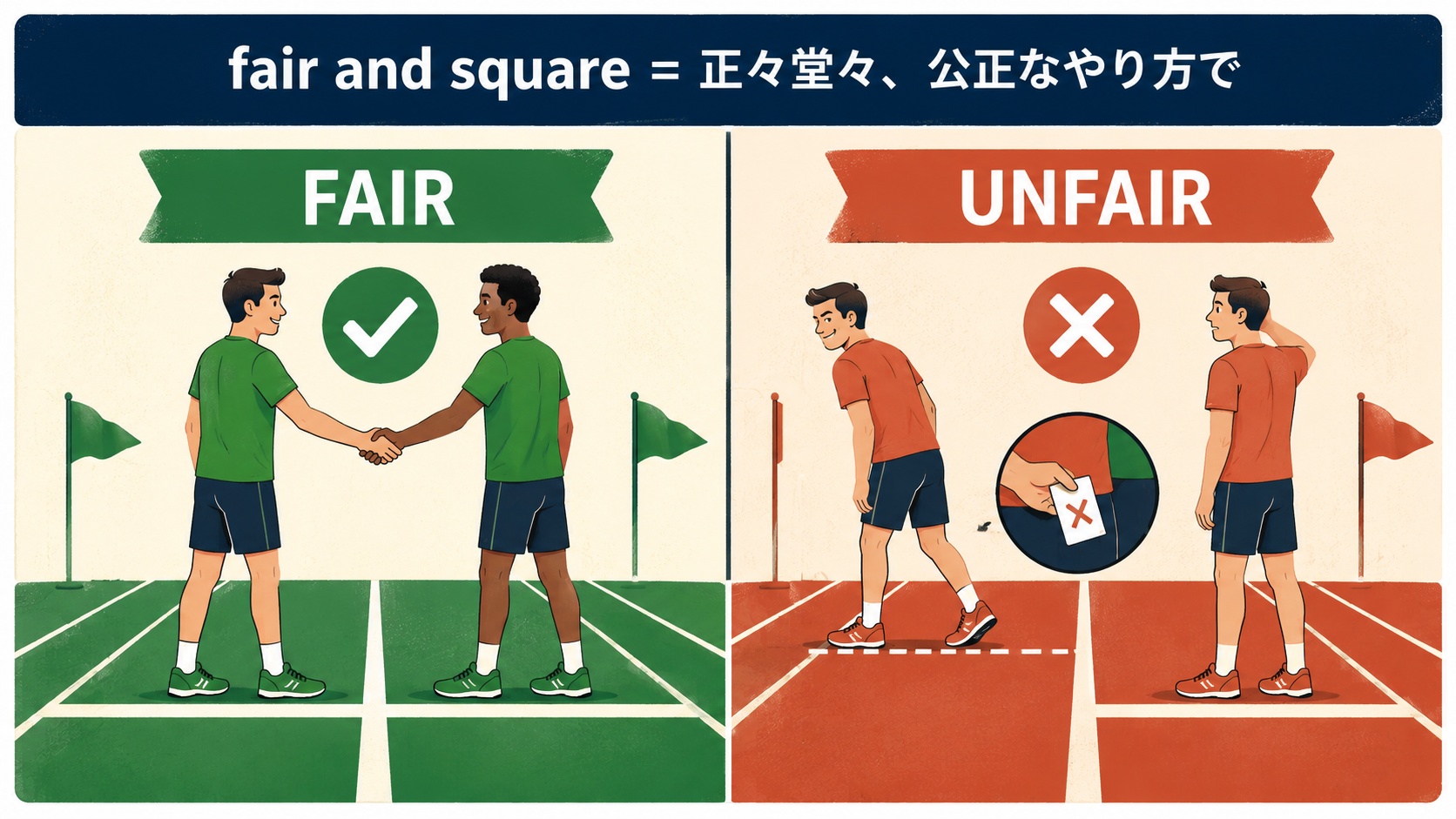 fair and squareの公正なやり方と不公正なやり方を比較したイラスト