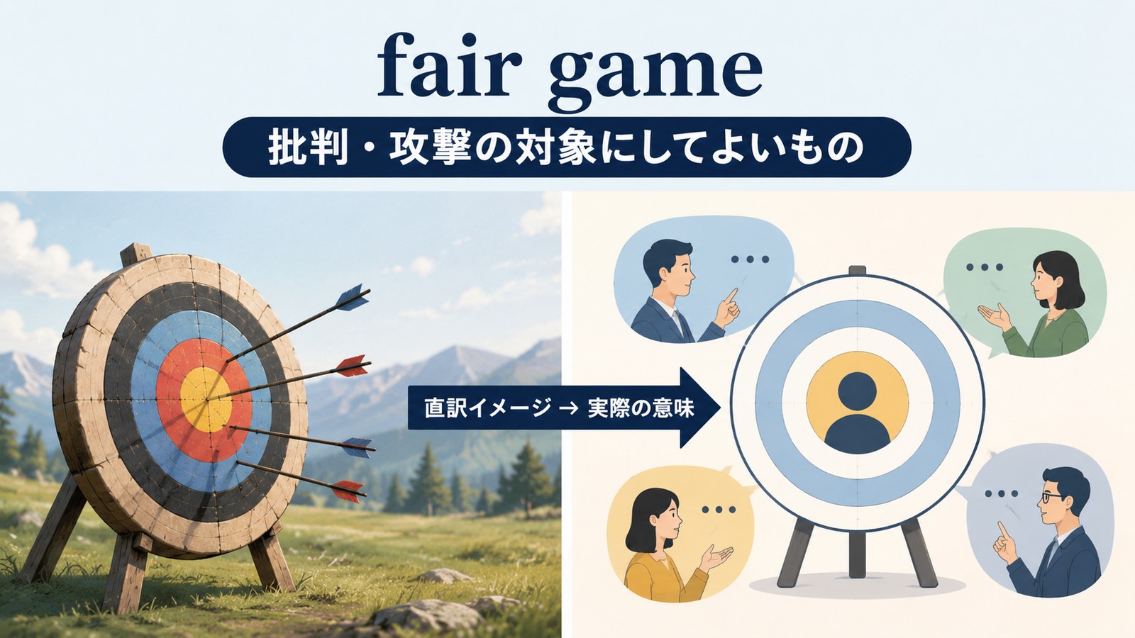 fair gameの直訳イメージと実際の意味を比較したイラスト