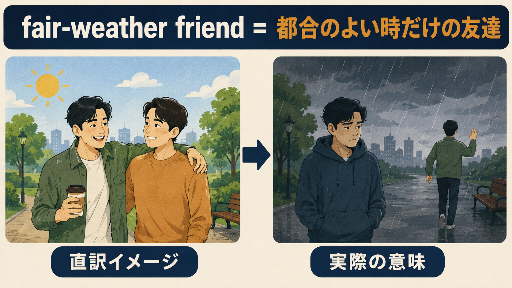 fair-weather friendの直訳イメージと実際の意味を比較したイラスト
