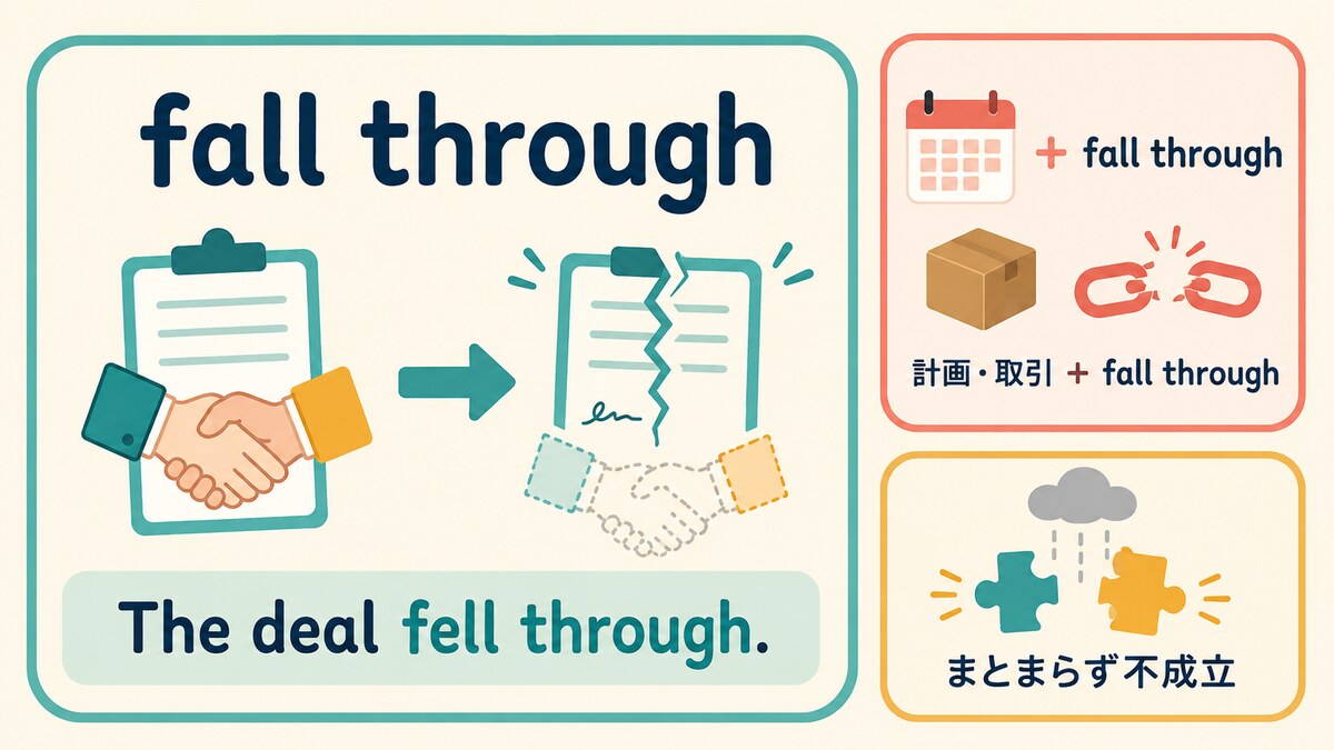 fall throughの語順とニュアンスを解説するイラスト