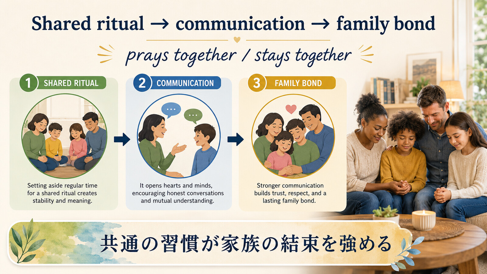 The family that prays together stays togetherの語句とニュアンスを整理した解説イラスト