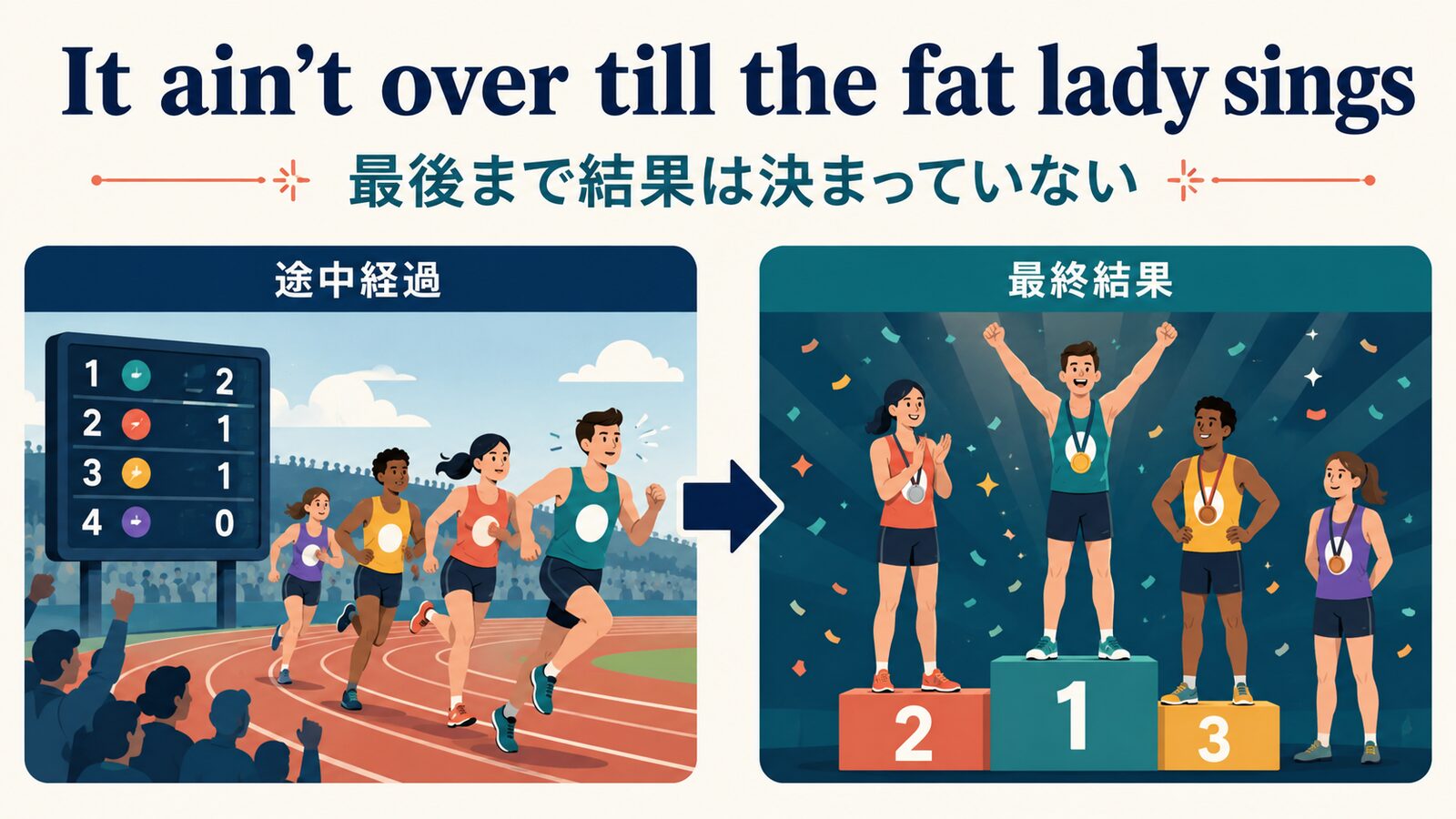 It ain’t over till the fat lady sings のニュアンスと使い分けを示す解説イラスト