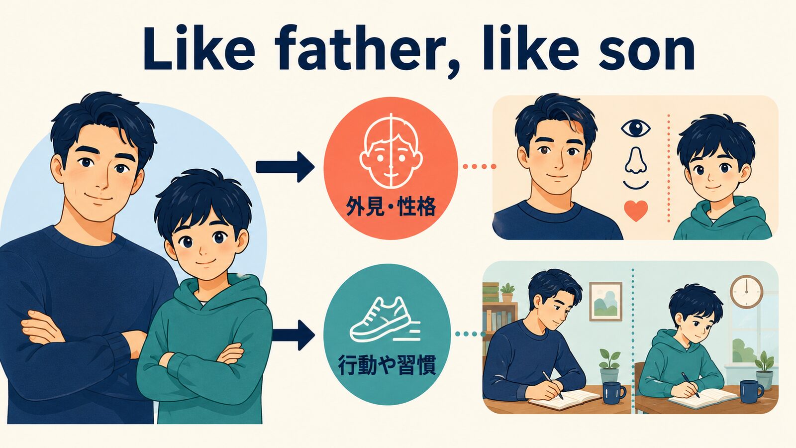 Like father, like son のニュアンスと使い分けを示す解説イラスト