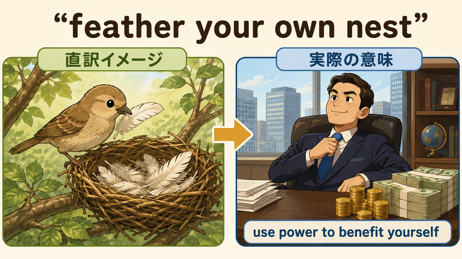 feather your own nestの直訳イメージと実際の意味を比較する解説イラスト