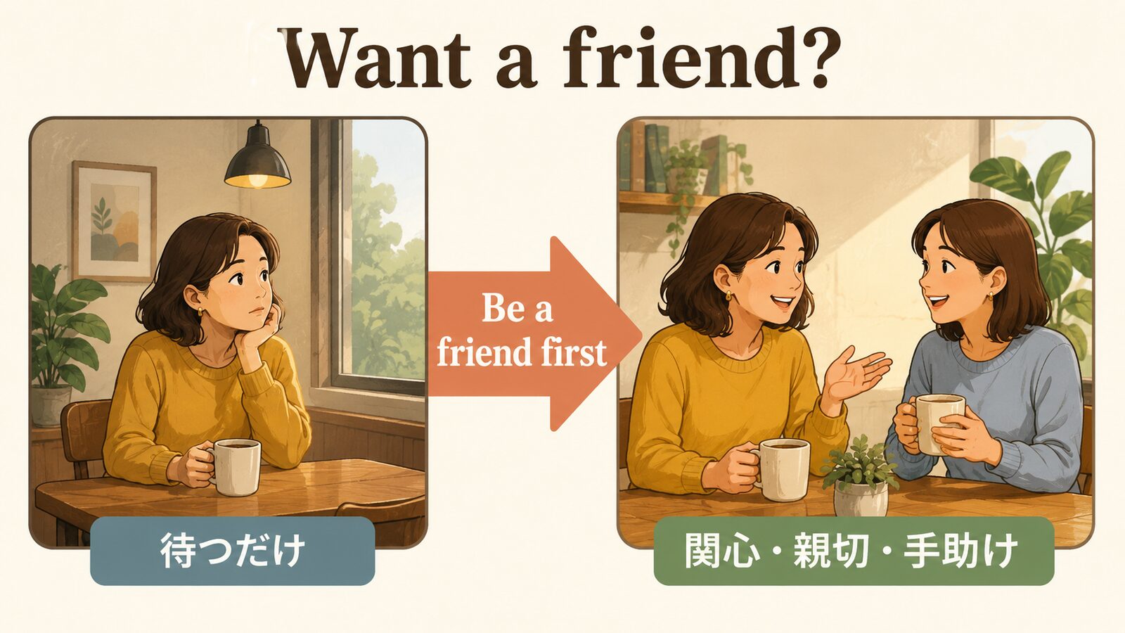 The only way to find a friend is to be one.の直訳と実際のニュアンスを比較した解説イラスト