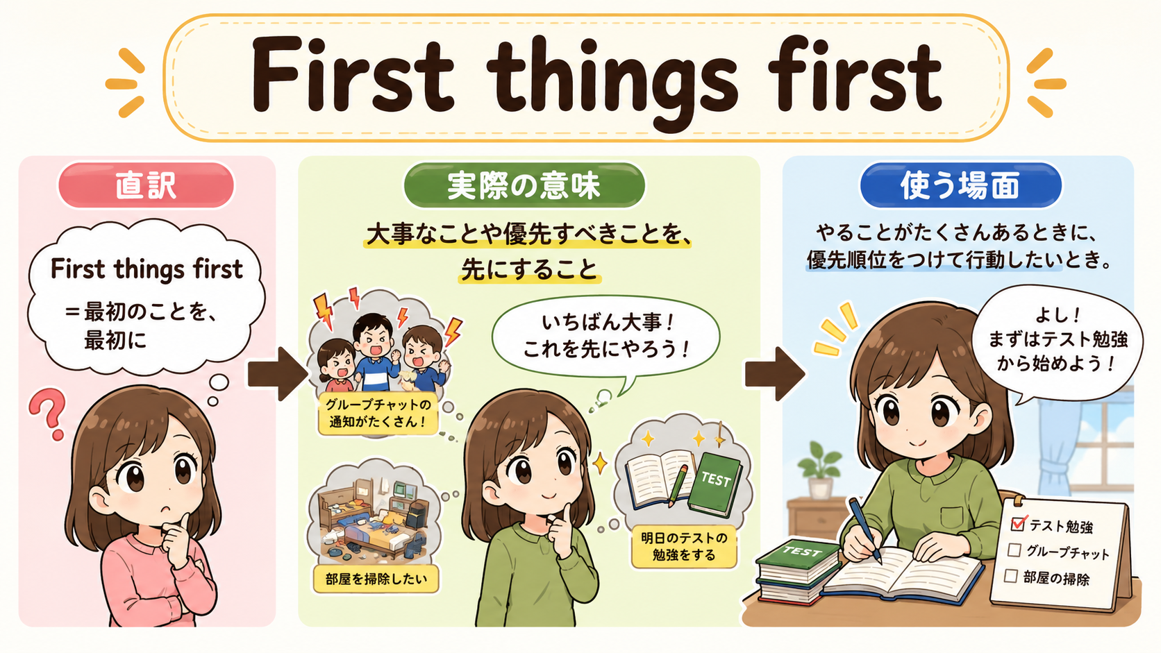 First things firstの直訳・実際の意味・使う場面を比較する解説イラスト