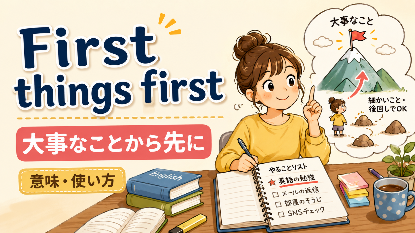 First things firstの意味・使い方を解説するアイキャッチ画像