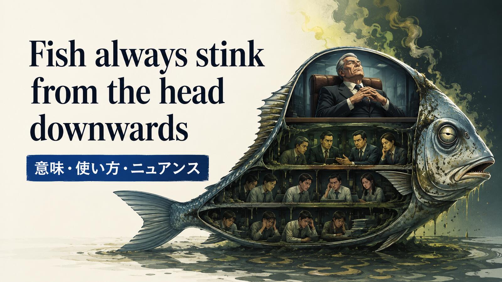 Fish always stink from the head downwardsの意味・使い方・ニュアンスを示すアイキャッチ