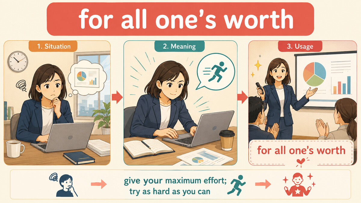 for all one's worthの意味と使い方を視覚的に説明するイラスト