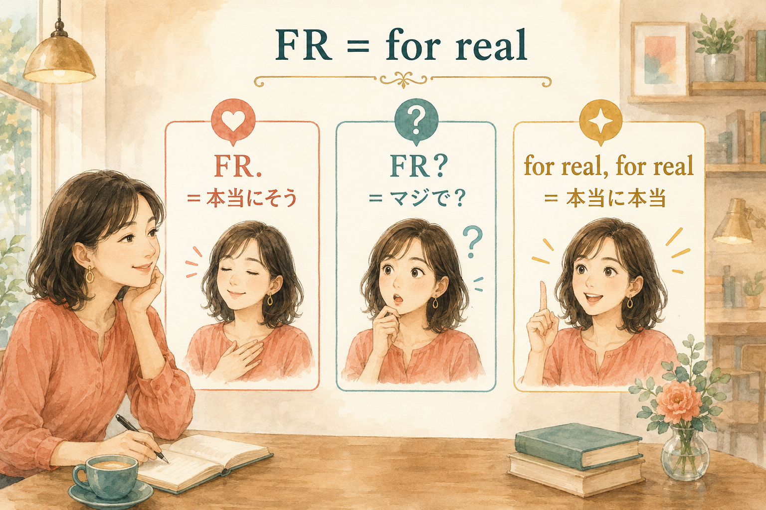 FR、FR?、for real for realの意味の違いを示すイラスト