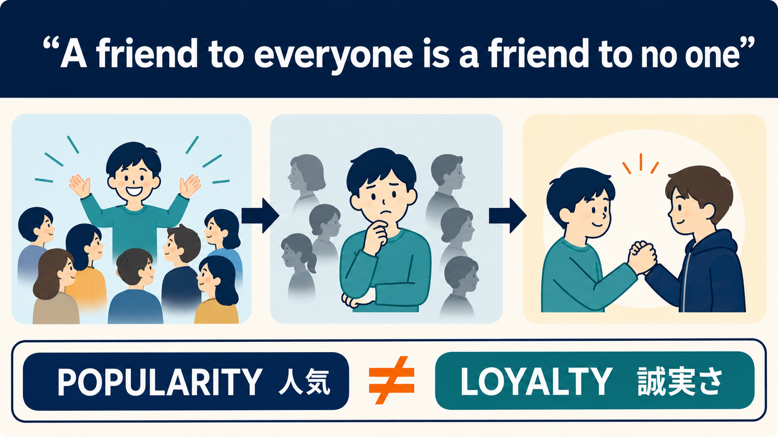 A friend to everyone is a friend to no oneの単語とニュアンスを説明する図