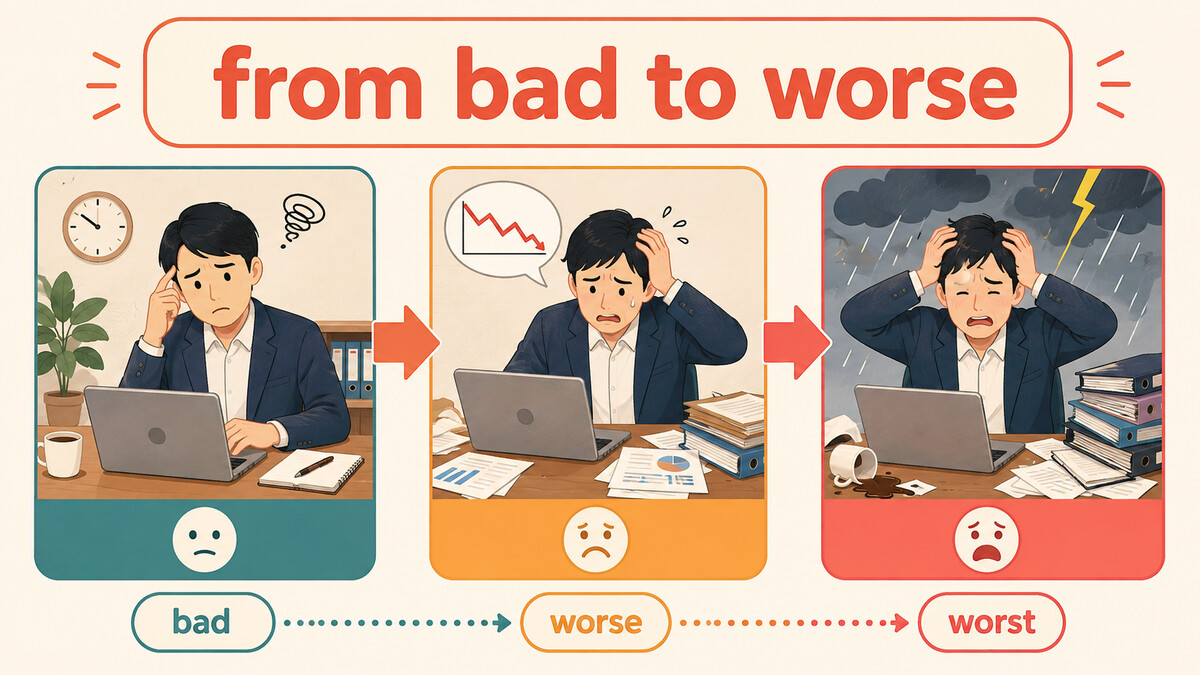 from bad to worseの意味と使い方を視覚的に説明するイラスト